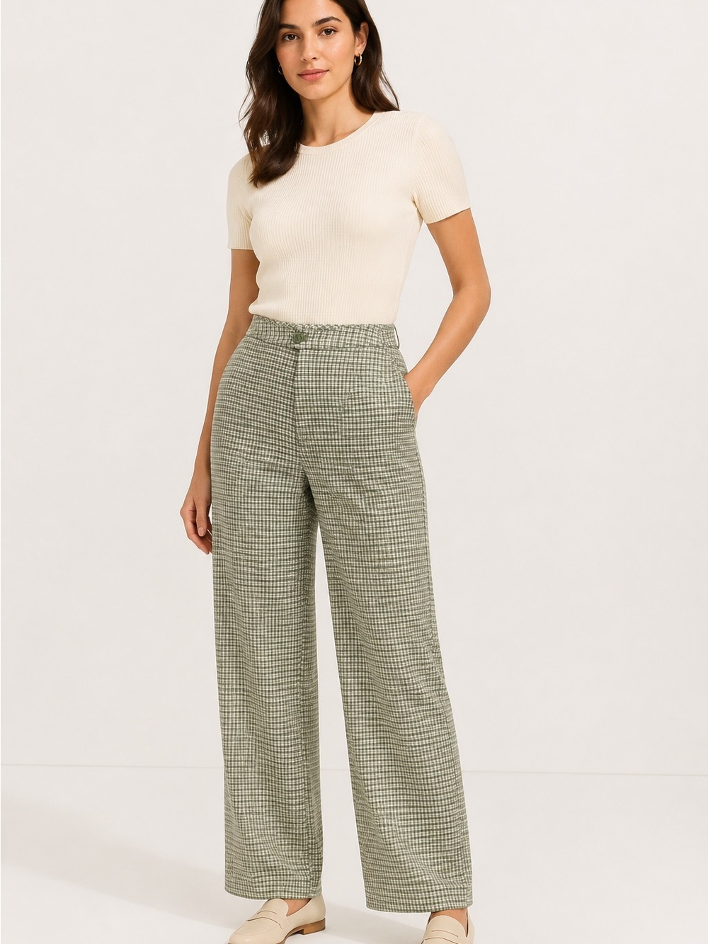 Brandy Melville J.Galt Tilden Green Plaid Wide Leg Pants Size 6